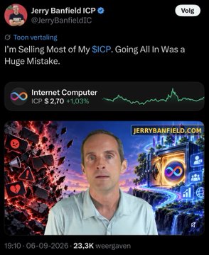The image is a tweet from Jerry Banfield stating "I'm Selling Most of My $ICP. Going All In Was a Huge Mistake," showing ICP priced at $2.70 (+1.03%). The accompanying reply calls him a "crybaby mushbrain" for selling, directly mocking his public admission of exiting his Internet Computer position after previously going all in on it.