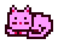 A pixel art illustration of a small pink/purple cat-like creature with pointed ears sitting next to a ball of yarn.
