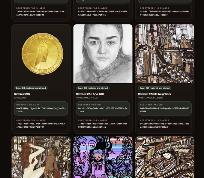 The image displays a collage of digital artworks and icons related to the #Ravencoin token. The accompanying post emphasizes the restoration of more #Ravencoin token content on rvnmart.com/restorations, suggesting that the image might feature some of the restored content or represent the diversity of #Ravencoin's digital art offerings.