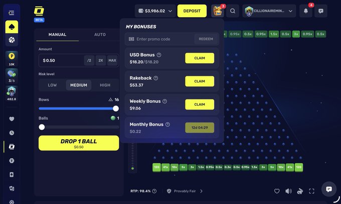 A screenshot of the 'Plinko' gambling game interface showing a 'MY BONUSES' menu with claimable rewards like 'USD Bonus', 'Rakeback', 'Weekly Bonus', and 'Monthly Bonus', featuring a ball dropping area and a board with multipliers.