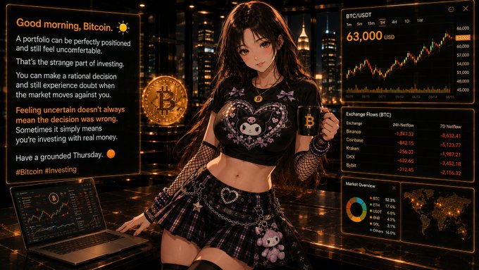An anime-style illustration depicts a woman in a plaid skirt and panda-themed top holding a Bitcoin mug, surrounded by crypto market data including a BTC/USDT chart showing $63,000 and exchange flow statistics.
