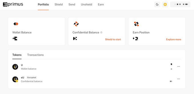 A screenshot of the 'primus' cryptocurrency wallet interface showing a Portfolio tab with Wallet Balance, Confidential Balance, and Earn Position sections, displaying U and eU token balances.
