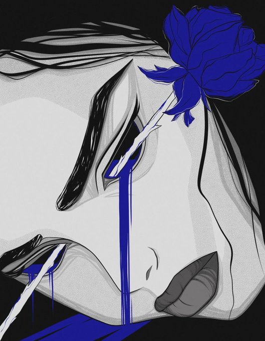 A stylized anime-style portrait of a woman with a blue flower in her hair, with striking blue liquid or paint dripping down from her closed eye against a black background.