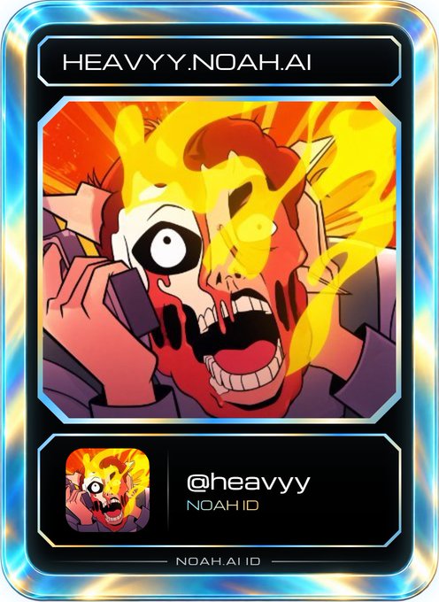 A digital collectible card featuring an animated, demonic character with a bloody face screaming into a phone, branded 'HEAVYY.NOAH.AI' and '@heavyy'.