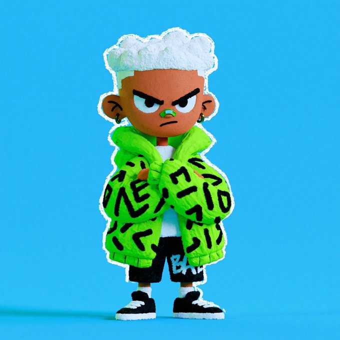 3D rendered chibi-style character with brown skin, white textured hair, and an angry expression, wearing a bright green jacket with black graffiti-style markings and black shorts against a blue background.