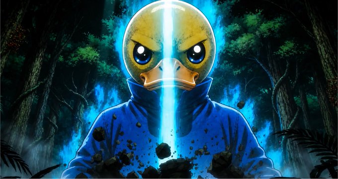 Artistic illustration of a character in a duck-like mask wearing a blue hoodie, surrounded by glowing blue flames and floating rocks in a forest setting.