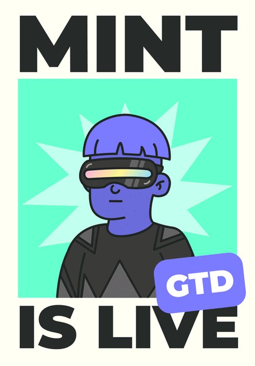 The image features a cartoon character wearing a blue hat, which appears to be a part of an advertisement for a game called GTD Is Live. The character is standing against a green background with a white starburst effect. Below the character, there's text that reads "GTD MINT IS LIVE The GTD phase is open. You have 2 hours to grab your SquigsReloaded". This combination of visuals and text suggests that the cartoon character represents an advertisement for a game called GTD Is Live, which could be a video game or a mobile app related to the game.