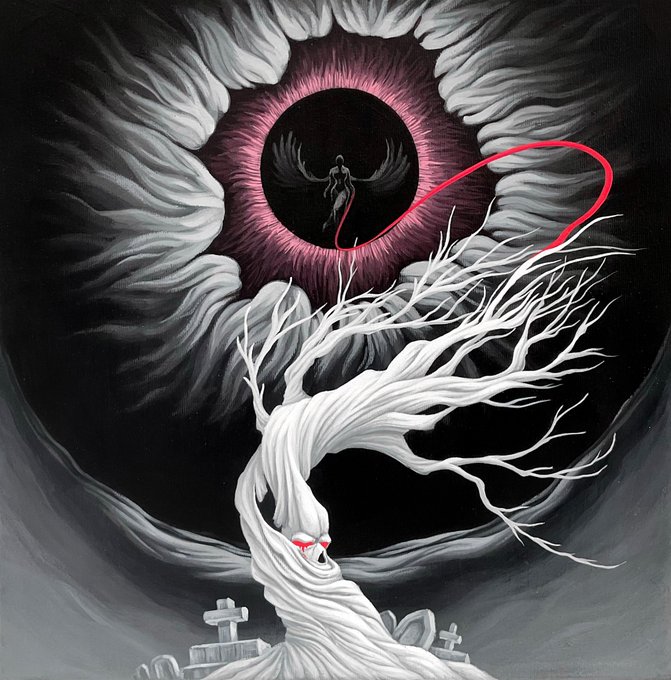 A dark, surreal painting depicting a twisted white tree with red eyes, set beneath a large, watchful eye containing a small winged figure, with gravestones at the bottom.