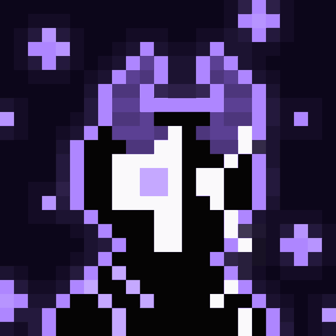 A pixel art image features a stylized face in shades of black, white, and purple against a dark background with scattered purple cross-shaped pixels.