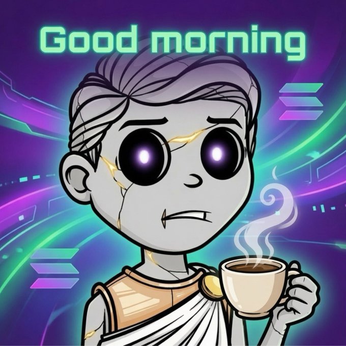 The image features a cartoon character, possibly a robot or a doll, holding a cup of coffee with steam coming out of it. The character appears to be wearing a robe and has a sad expression on their face. In the background, there are logos for Microsoft and Bitcoin, indicating that this is likely an advertisement or promotional material related to these companies.