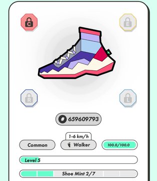The image displays a graphic that shows two shoes, with one being colorful (blue/red) and the other being white. The white shoe has an icon of the number 659990707 and a small lock symbol next to it. A green box is positioned below this display, containing information about how to use these sneakers, including details such as how many levels they can be paired with, what kind of shoes are compatible with them, and how long the shoes will last in terms of steps taken per day. The post seems to be discussing shoe options or recommendations for footwear.