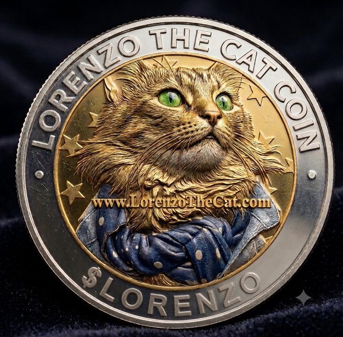 A commemorative coin featuring a tabby cat with green eyes wearing a blue bandana, inscribed with 'LORENZO THE CAT COIN', '$LORENZO', and 'www.LorenzoTheCat.com'.