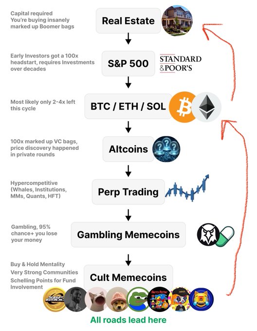 A hierarchical flowchart ranking investment opportunities from Real Estate and S&P 500 down to BTC/ETH/SOL, Altcoins, Perp Trading, Gambling Memecoins, and finally Cult Memecoins—marked "All roads lead here"—with captions warning of risks like "100x marked up VC bags," "Hypercompetitive" perp trading, and "95% chance+ you lose your money," reinforcing the post's message that crypto gains are fleeting and driven by liquidity and momentum rather than skill.