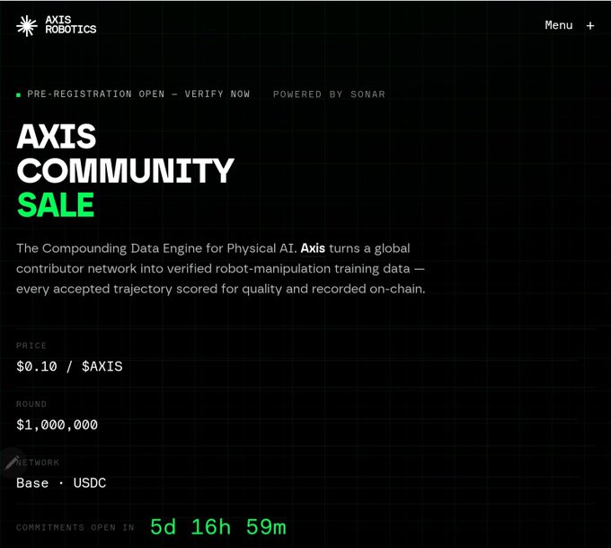 A dark-themed webpage displays 'AXIS COMMUNITY SALE' by AXIS ROBOTICS, showing a price of $0.10 / $AXIS, a round size of $1,000,000 on the Base network, and a countdown of 5d 16h 59m.