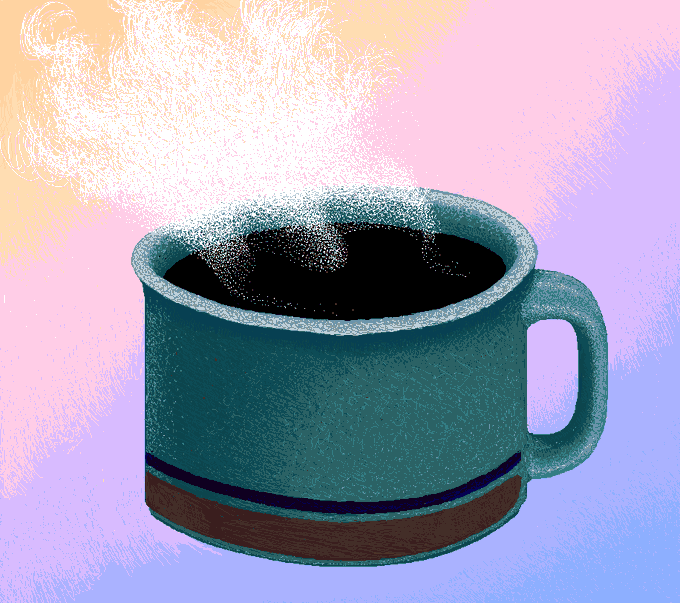 The image features a blue mug filled with hot coffee, which appears to be steaming as it sits on top of a table. The mug has a handle on one side for easy holding. The background of the image is a gradient of colors that blend together seamlessly, creating an artistic and visually appealing effect. The post "Monday Gm Zen" suggests that this image might be related to a Monday morning routine or a moment of relaxation during the weekend.