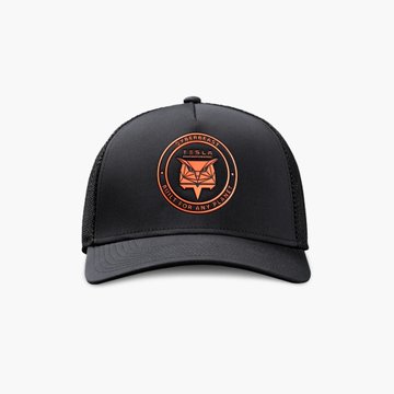 A sleek black baseball cap featuring an orange circular emblem with a stylized owl design and the text "CYBER OWL" along the top arc, visually supporting the post's claim about Tesla's new "Cyber Owl" branding on their website.