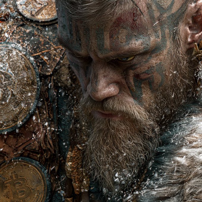 A hyper-realistic, gritty close-up portrait of a bearded man with face paint, surrounded by mud, fur, and Bitcoin coins.