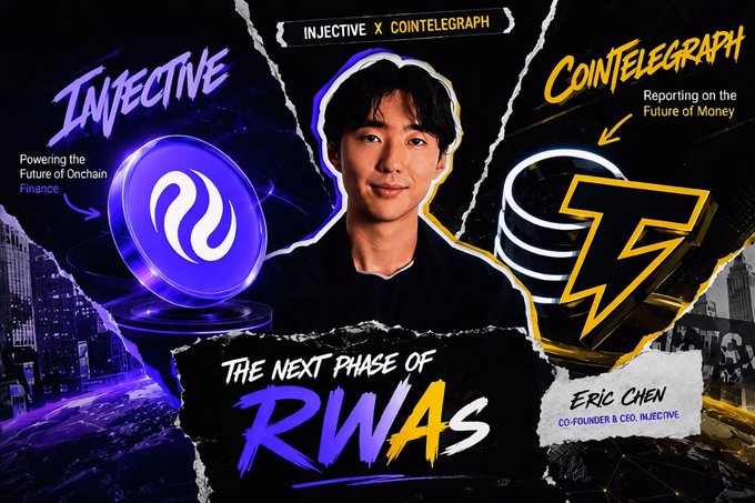 Collaboration graphic between 'INJECTIVE' and 'COINTELEGRAPH' titled 'THE NEXT PHASE OF RWAs', featuring Eric Chen, Co-Founder & CEO of Injective.