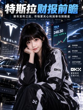 A magazine cover featuring a young woman in a racing-style outfit, with Chinese text '特斯拉财报前瞻' (Tesla earnings preview), the TSLA stock ticker at $248.50, and a Tesla car in the background.
