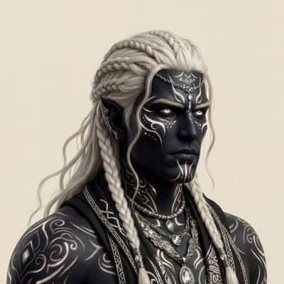 A digital illustration of a pale-skinned fantasy character with long white braided hair, intricate silver facial markings, and piercing light eyes.