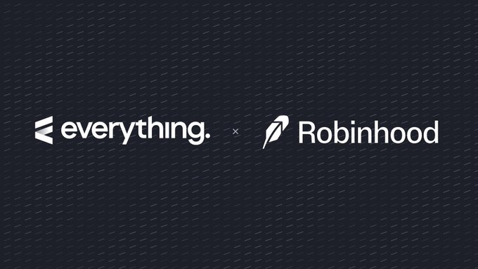 A dark navy banner announces a partnership between Everything.inc and Robinhood, displaying both brand logos in white alongside a multiplication symbol. The image accompanies a post announcing a collaboration to bring real-world assets (RWA) and tokenized stocks to Everything.inc.