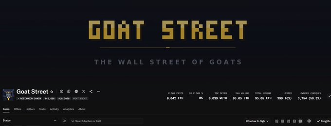 A screenshot of a cryptocurrency trading platform titled 'GOAT STREET - THE WALL STREET OF GOATS' with the token ticker ROBINHOOD CHAIN, showing a floor price of 0.042 ETH and a market cap of $5.05 ETH.