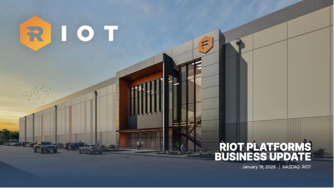 A RIOT Platforms business update banner dated January 16, 2026, features a large industrial building with the RIOT logo and NASDAQ: RIOT ticker displayed.
