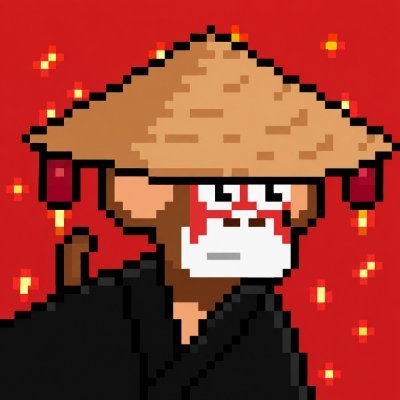 A pixel art character depicting a figure wearing a large conical Asian straw hat with red tassels, white face markings/stripes, and a black robe, set against a red background with floating yellow particles.