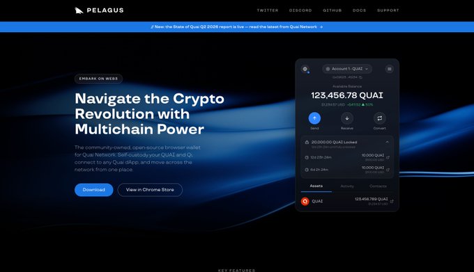 A Pelagus web page promoting an open-source browser extension for Quai Network, displaying an account balance of 123,456.78 QUAI with options to Send, Receive, and Convert.