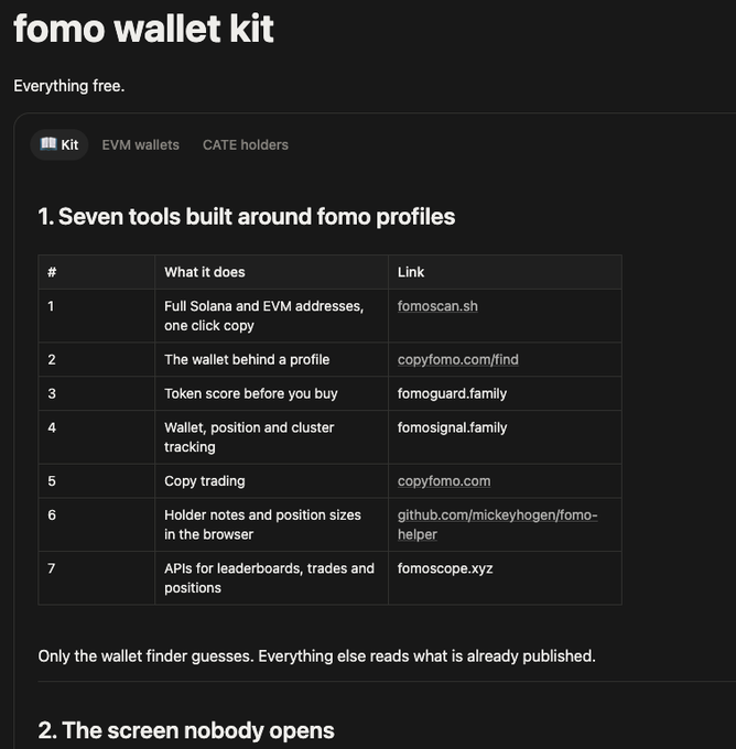 A dark-themed webpage titled "fomo wallet kit" with the tagline "Everything free," featuring a section on "Seven tools built around fomo profiles" with a table listing tools like fomoscan.sh, copyfomo.com/find, and fomoguard.family for tracking Solana and EVM wallets.