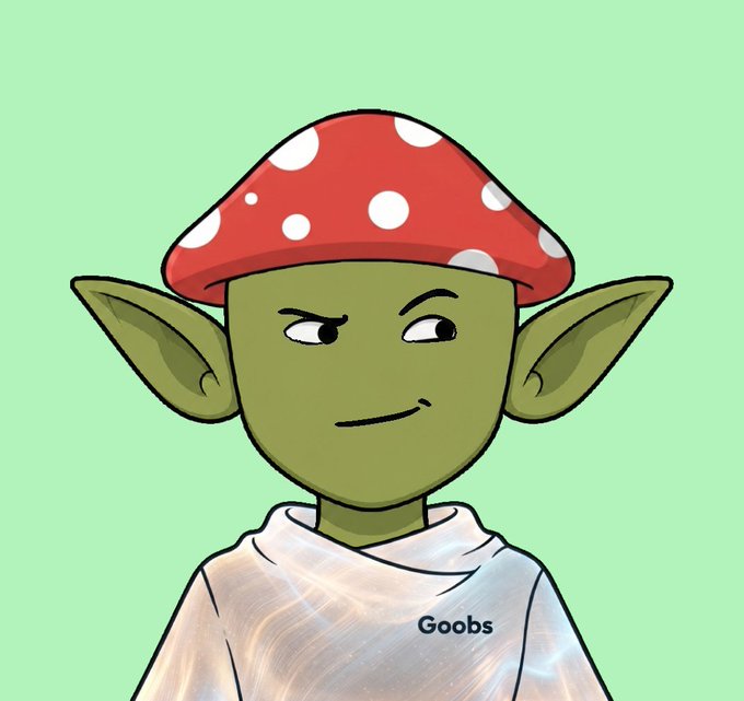 A green-skinned goblin character wearing a red and white polka-dot mushroom cap and a white hoodie with "Goobs" printed on it, promoting the Goobs NFT giveaway with a free mint on August 12.
