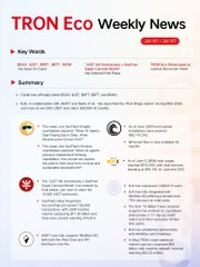 The image features a white poster with black text that displays information about the TRON ecosystem. The poster includes details such as "TRON ECONO WEEKLY UPDATE" at the top, followed by a list of various topics related to the ecosystem's growth across different sectors like DeFi and AI innovation, infrastructure development, and global community engagement.