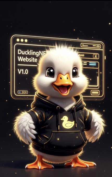 An adorable fluffy duckling mascot wearing a black hoodie stands in front of a holographic interface displaying "DucklingNFT Website V1.0," representing the much-anticipated website launch the community has been eagerly awaiting as the project moves from its "building the nest" phase to delivering clear utility.