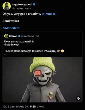 A screenshot of a Twitter post by @crypto_czareth quoting @kairoo's reply "Dear @crypto_czar.eth & @ModeXeth I never planned to get this deep into a project," accompanied by a 3D skull character wearing a green beanie and dark jacket. The post, viewed 5.5K times on August 16, includes the caption about requesting eligibility fixes for the ModeXeth project, with the iconic skull imagery representing the user's persistent engagement.