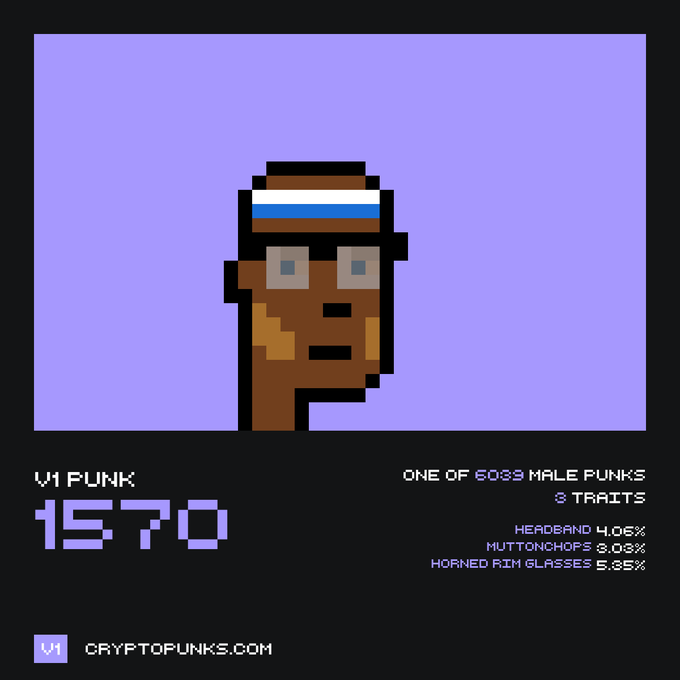 CryptoPunk #1570, a pixel-art character labeled 'V1 PUNK' from CryptoPunks.com, featuring traits including headband (4.06%), muttonchops (3.03%), and horned rim glasses (5.35%), one of 6033 male punks with 3 traits.
