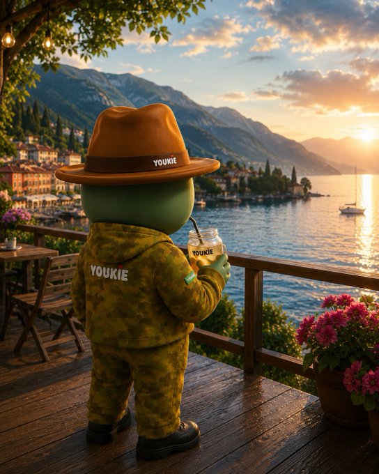 An AI-generated character wearing a yellow camo hoodie and brown fedora (with "YOUKIE" on the hat and jacket) standing on a balcony overlooking a sunset seascape.