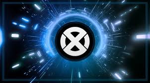 A blue animated sci-fi visual featuring an X-Men logo at the center of a glowing portal with streaking light effects.