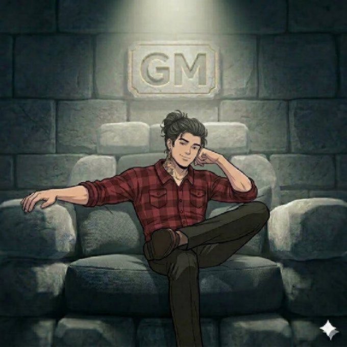 A digital illustration of a man with a top knot sitting casually on a stone throne with a 'GM' plaque mounted on the wall above him.