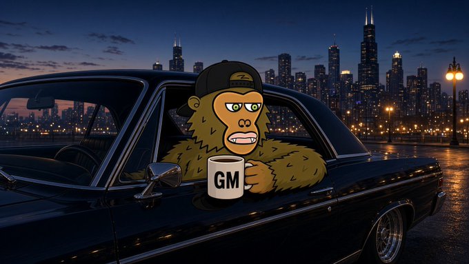 A digital illustration of a cartoon monkey wearing a backward cap, sitting in the driver's seat of a black classic car at night, holding a mug labeled 'GM' with a glowing city skyline in the background.