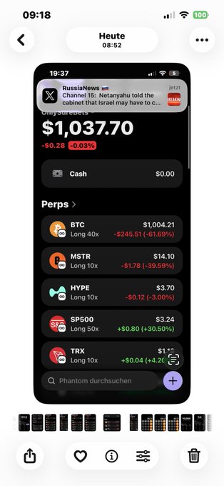 The image shows a cell phone screen displaying various app icons, including one for Bitcoin trading. The Bitcoin app has a total of 13 different icons representing different aspects of the cryptocurrency market. The screen also displays a message from someone named "Heute" who is interested in investing in Bitcoin and wants to know more about it.