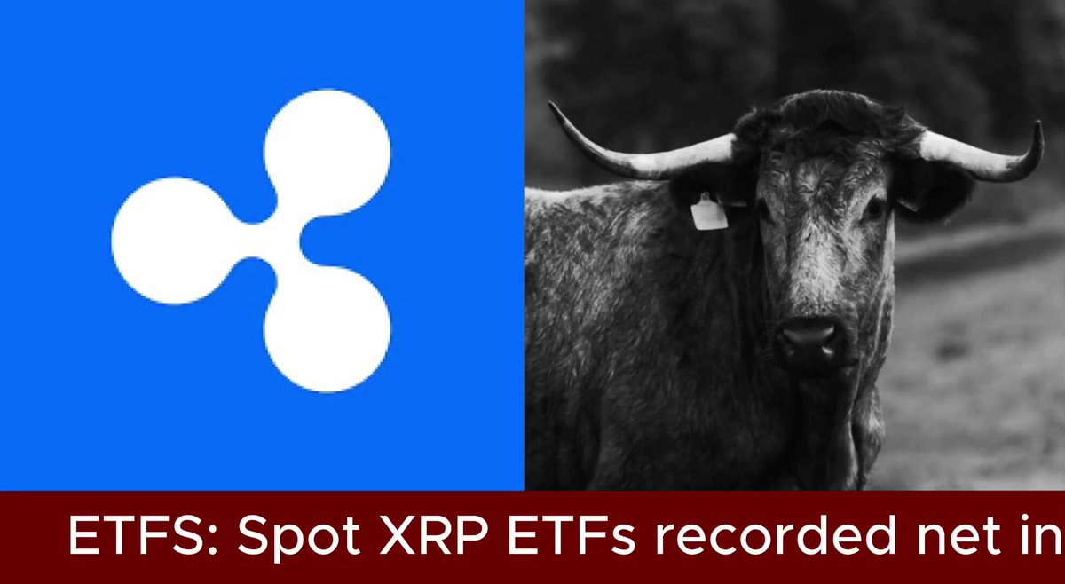 The image features a black and white photo of a bull with horns standing next to a blue square that displays the Ripple cryptocurrency symbol. The text "EFTS." is written below the bull's head, and "Spot $XRP ETFs" is written above its head. The image also includes a caption that reads "Focus on what is in the image and how it relates to the post".