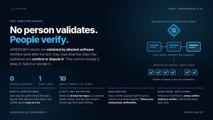 An infographic for AEREDIUM titled "THE VERIFIER NODES" with the tagline "No person validates. People verify." explaining the blockchain's verifier system with statistics (0 PEOPLE VALIDATE, 1 TICK A DAY, 10 DAYS A MONTH) and sections on what a verifier does, their duty, who verifies, and the verification process.