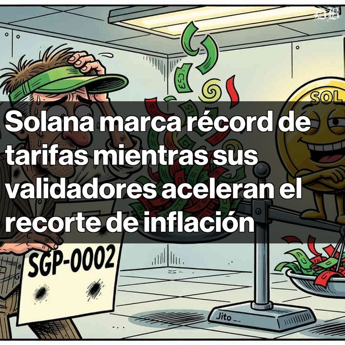 A cartoon illustration of a stressed man at a 'Jito' weigh scale counter with a Solana 'SOL' coin, overlaid with Spanish text: 'Solana marca récord de tarifas mientras sus validadores aceleran el recorte de inflación'.
