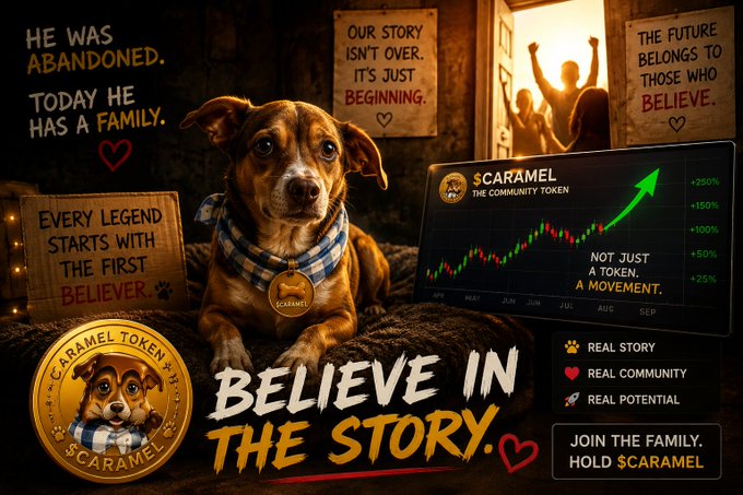 A brown dog named Costelinha wears a "CARAMEL" tag alongside promotional graphics for the $CARAMEL community token, featuring a rising candlestick chart showing gains of up to +250% and text overlays reading "Believe in the Story" and "Our story isn't over, it's just beginning," visually tying the rescue dog's emotional journey to the cryptocurrency's growth narrative.