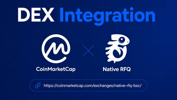 A promotional graphic announcing the DEX integration of Native RFQ on CoinMarketCap, featuring both logos alongside the headline "DEX Integration" and a link to https://coinmarketcap.com/exchanges/native-rfq-bsc/, aligning with the post's announcement of Native RFQ being live on CoinMarketCap's tracking hub on BNB Chain.