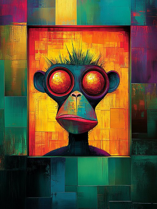 The image features an abstract painting of a monkey with red eyes, wearing glasses and a face paint design that includes a mustache and goatee. The monkey appears to be looking at the camera directly, giving off a playful vibe. The background is a colorful mosaic composed of squares in various shades of green, yellow, pink, blue, and orange. The post accompanying this image reads: "Weekend is here! Yes !!! Good evening and have a nice one my friends!! Too Much Coffee".