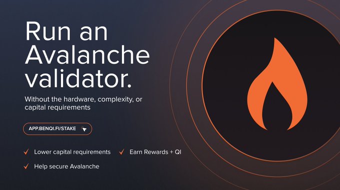 A promotional graphic reading 'Run an Avalanche validator. Without the hardware, complexity, or capital requirements' with bullet points for lower capital requirements, earning rewards + QI, and helping secure Avalanche, featuring the Avalanche flame logo.
