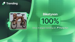 A mobile app interface screenshot showing a "Trending" section features a "Biketyson" item at "100%" with the description "Since it began trending on Pump fun."