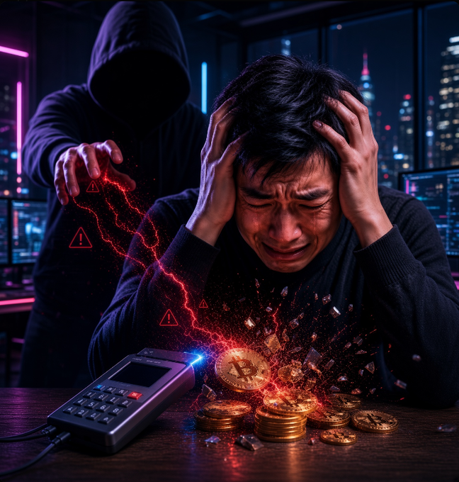 A distressed man clutches his head in a dark, neon-lit room while a shadowy figure reaches toward him; a cracked Bitcoin coin and warning symbols suggest a cryptocurrency scam.
