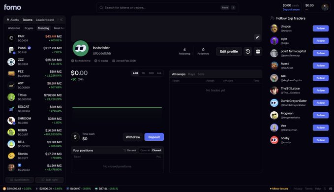 The image shows a trading dashboard for "fomo," featuring a portfolio for user "bobitbids" with $0.00 cash and no active trades or positions across various tokens like PHR, PONS, ZZZ, FEZ, AST, 1Ries, SOLCAT, SHROOM, SOBN, BULL, Stonks, and MIO. The post references a developer onboarding to the platform to test the buy functionality, which aligns with the empty portfolio state shown in the dashboard.